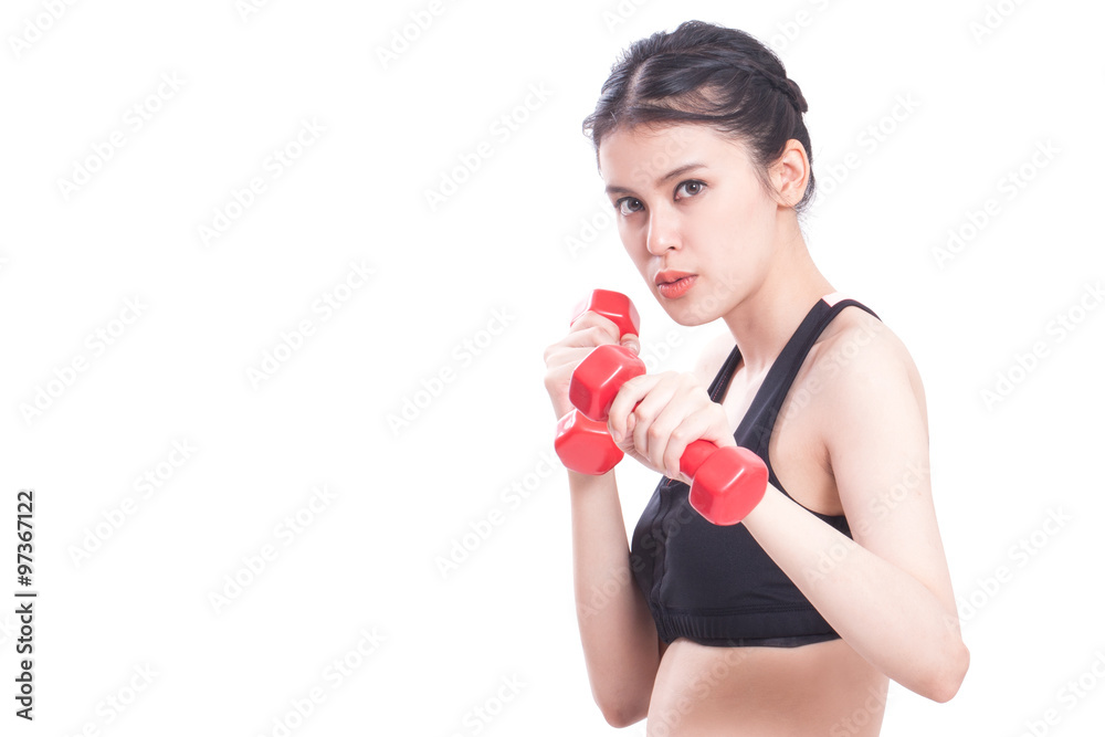 Portrait of young woman doing exercise with lifting weights Portrait of young woman doing exercise with lifting weights