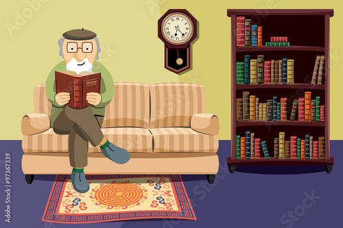 Grandpa sitting on the old couch and reading a book in home. Simple vector illustration.