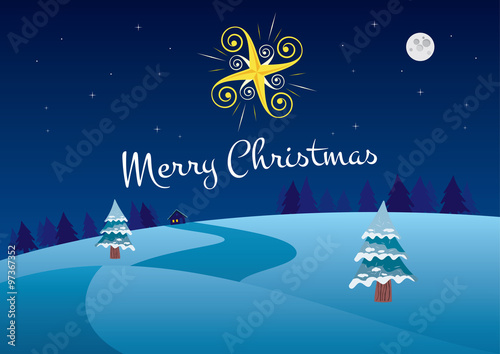 Winter Christmas night landscape with star. Simple vector illustration.