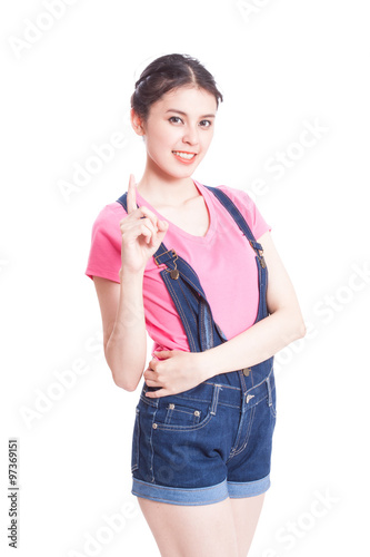 young woman showing number one on white background