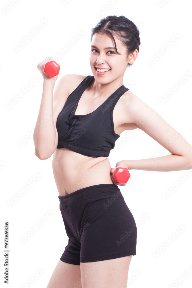 Portrait of young woman doing exercise with lifting weights Portrait of young woman doing exercise with lifting weights