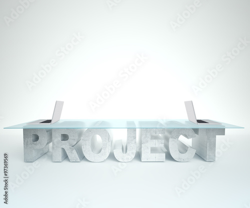 Laptop on the screen is open on a glass PROJECT table. Bussines concept