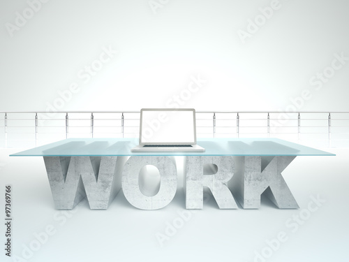 Laptop on the screen is open on a glass WORK table. Bussines concept