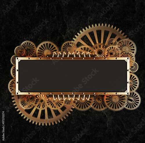 Stylized golden mechanical steampunk gear collage. Made of metal frame and clockwork details.