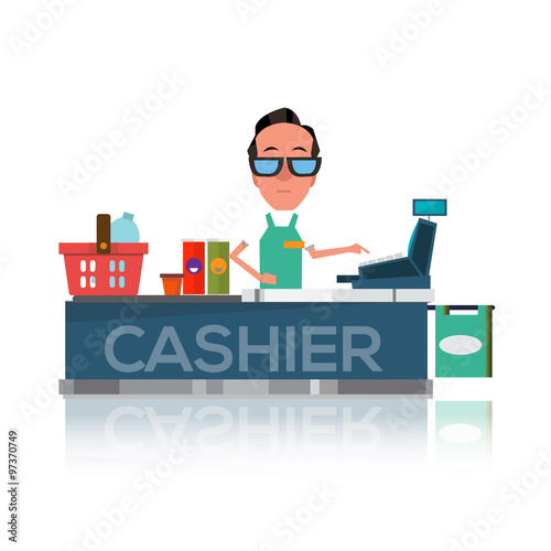 cashier man prepares purchasing at supermarket - vector
