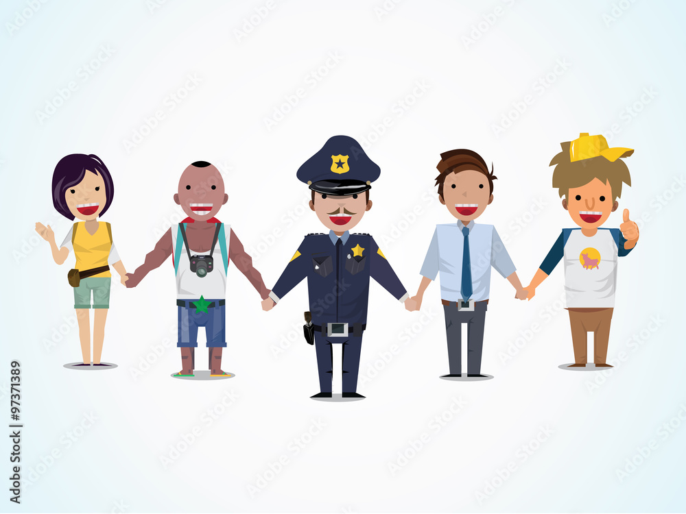 Police and people are holding hand - vector Police and people are holding hand - vector