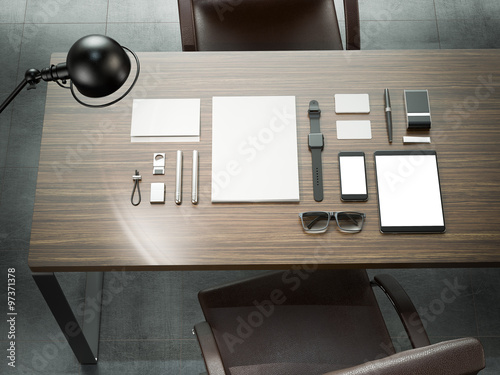 Different branding mockup elements. Template set on wood table photo