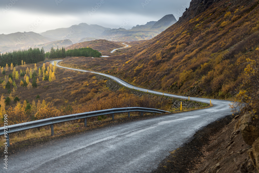 The road line perspevtive direct in to mountain in Autumn season