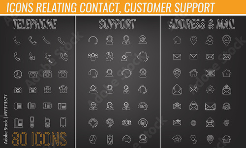 Set of contact, customer support, mail icon collection with lines