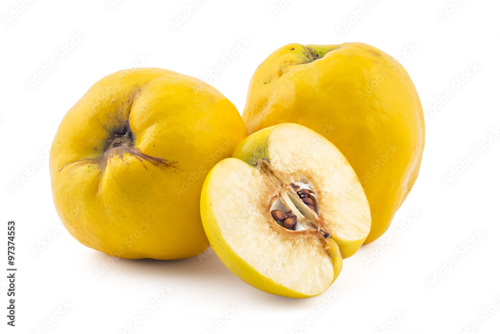 Fresh ripe yellow quinces, one cutted on half, isolated on white background Fresh ripe yellow quinces, one cutted on half, isolated on white background