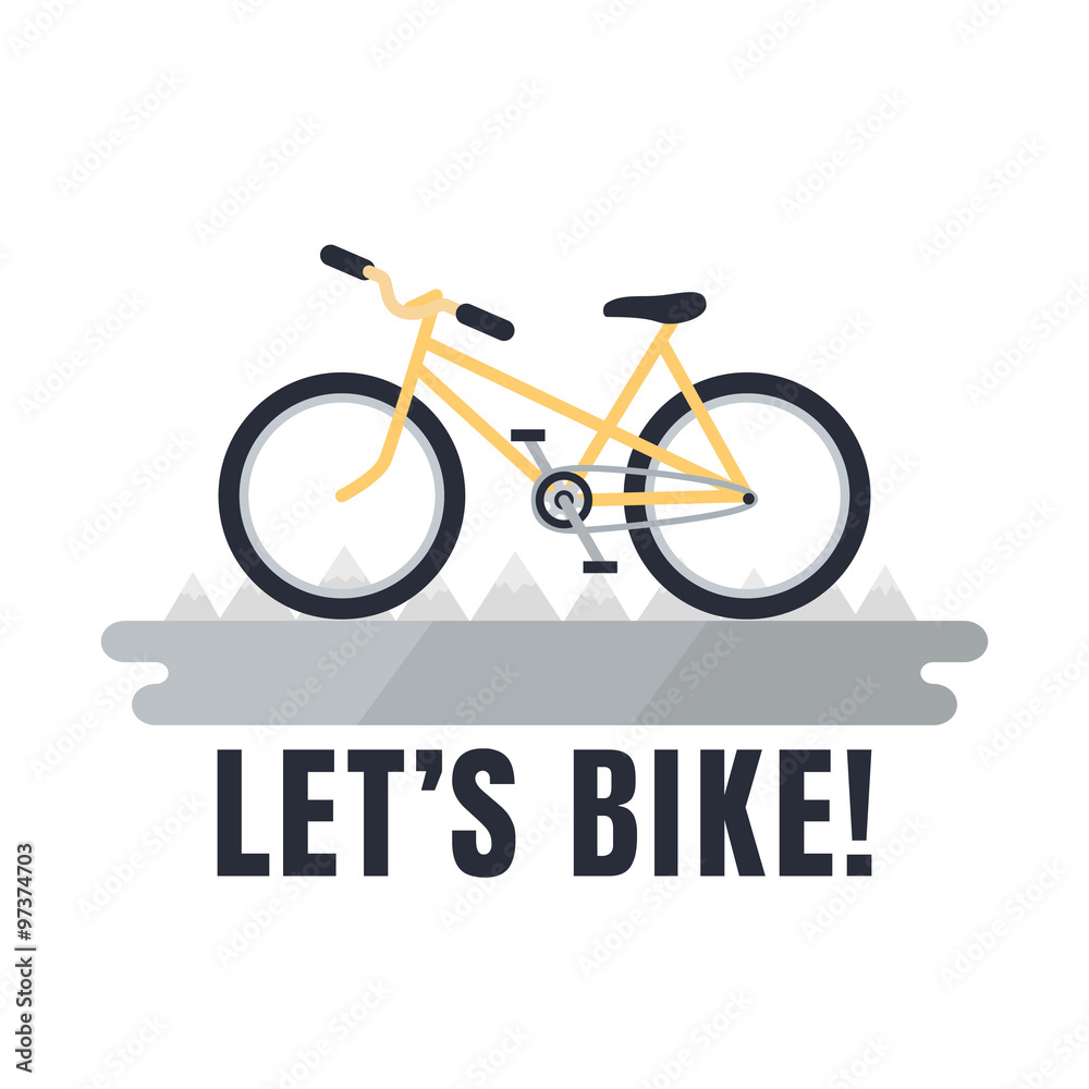 Minimalistic yellow bike poster Let's Bike! with mountains. Vector illustration and background. Minimalistic yellow bike poster Let's Bike! with mountains. Vector illustration and background.