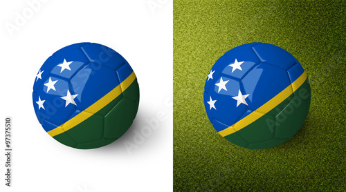 3d realistic soccer ball with the flag of the Solomon Islands on it isolated on white background and on green soccer field. See whole set for other countries. 