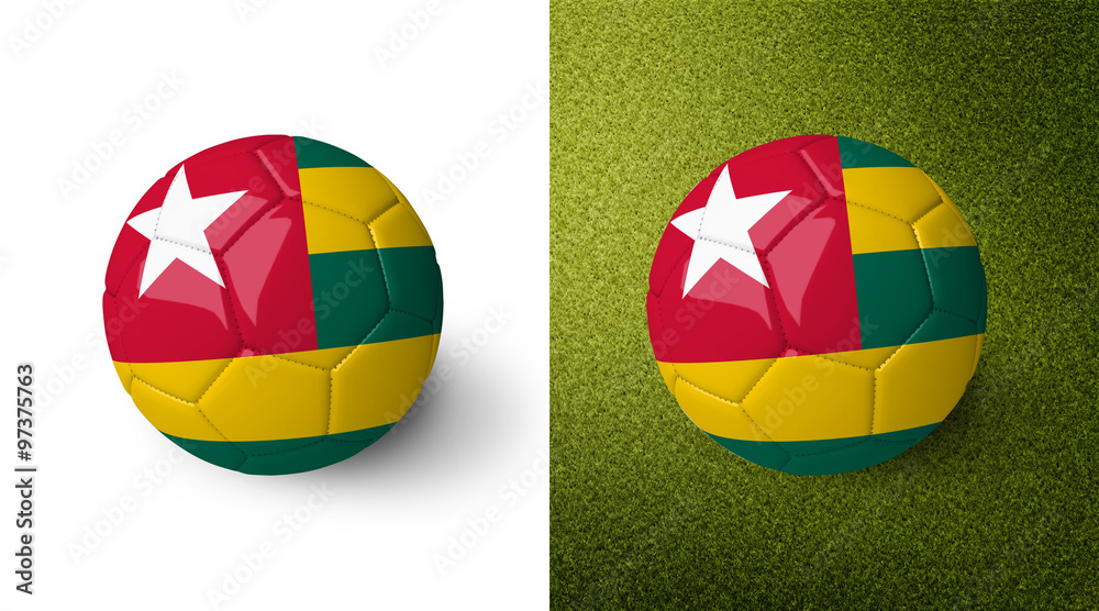 3d realistic soccer ball with the flag of Togo on it isolated on white background and on green soccer field. See whole set for other countries.
