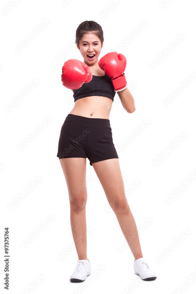 Boxer - Full length fitness woman boxing wearing boxing gloves on white background. Boxer - Full length fitness woman boxing wearing boxing gloves on white background.