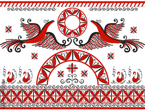 Set with decorative elements of cosmogonic traditional folk art of northern region of Russia. Mezensky red firebird. Illustration, vector