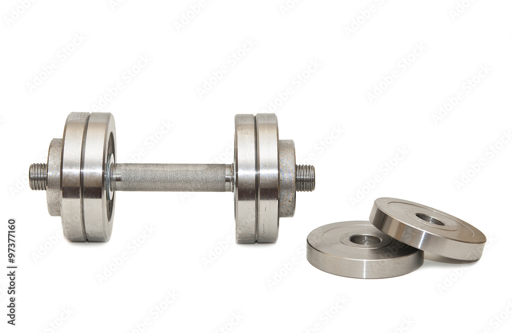 Large dumbbell and discs on a white background Large dumbbell and discs on a white background