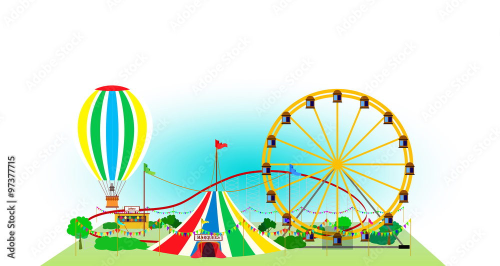 Amusement park in the open air / Fair weekend with a Ferris wheel, a balloon and circus