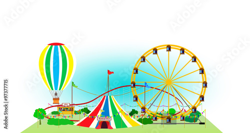 Amusement park in the open air / Fair weekend with a Ferris wheel, a balloon and circus