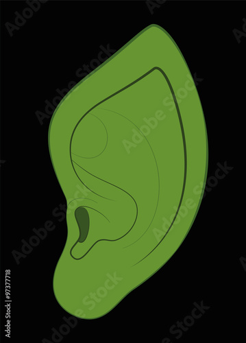 Pointy ear of a christmas elf, green fairy, goblin or other fantasy character. Isolated vector illustration on black background.