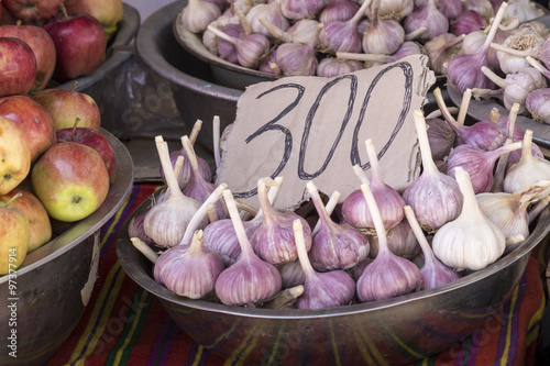 Fresh onion and garlic for sell in morning market, Bishkek, Kyrg photo