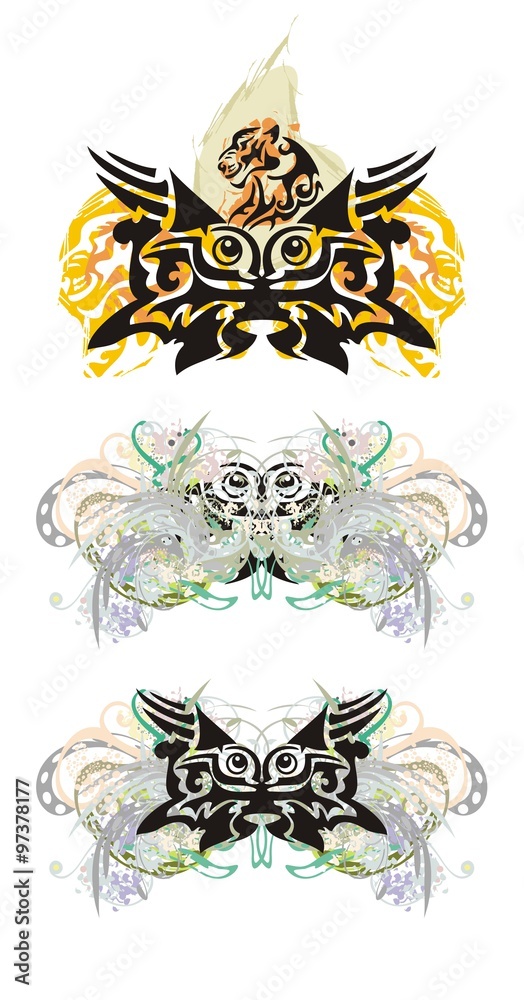 Tribal eyes splashes. Grunge scared eyes in the butterfly form with floral elements and the tiger head