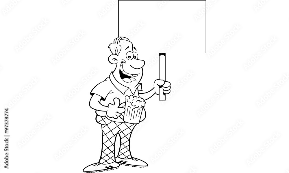 Black and white illustration of a man holding a beverage and a sign.