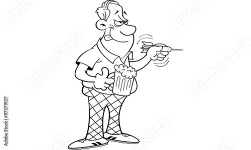 Black and white illustration of a man throwing a dart.