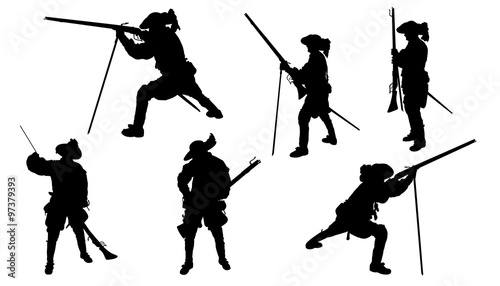 Obraz na plátně musketeer with musket silhouettes