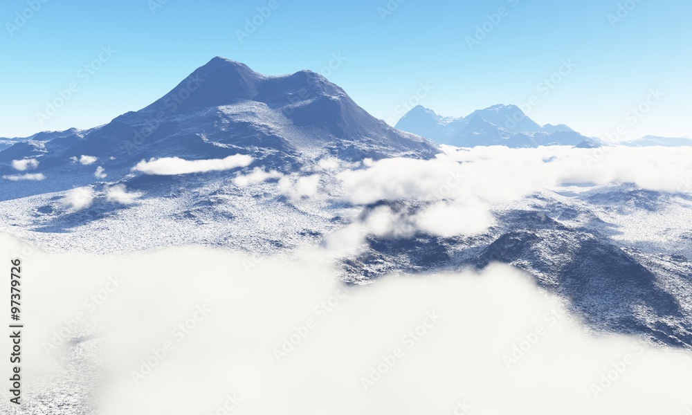 Ice age. Icy wasteland of the clouds in the sky, 3D render