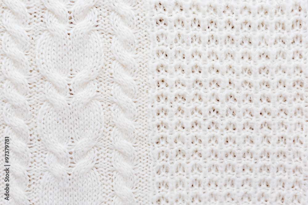 Abstract knitted background. Wool white sweater texture. Close up picture of  knitted pattern.