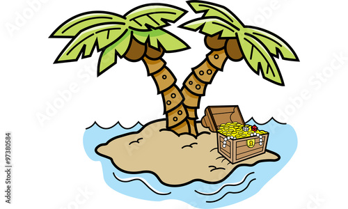 Cartoon illustration of an island with palm trees and a treasure chest.