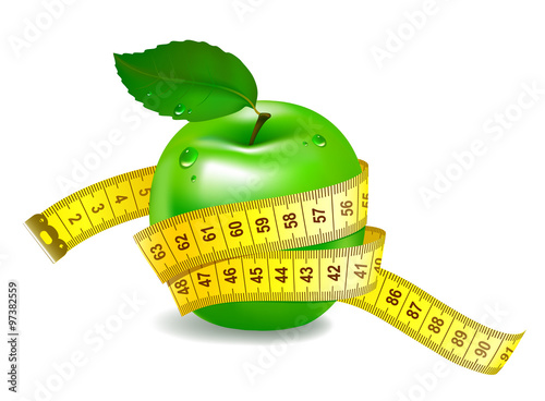 Green apple with measuring tape. The symbol of healthy nutritio