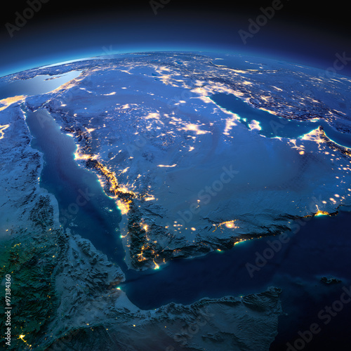 Detailed Earth. Saudi Arabia on a moonlit night