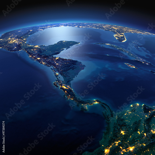 Detailed Earth. The countries of Central America on a moonlit ni