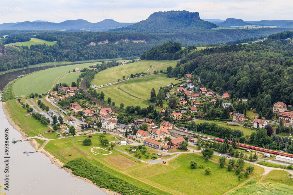 a beautiful view of the river Elbe from a height beautiful forest Saxon Switzerland. Reserve Bastei.