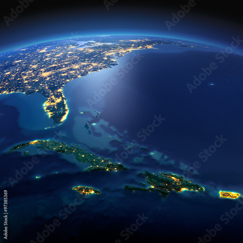 Canvas Print Detailed Earth. Caribbean islands. Cuba, Haiti, Jamaical on a mo
