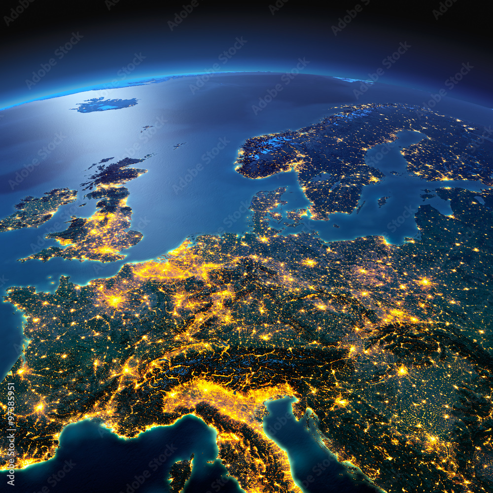Fototapeta Szczegółowa Ziemia. Europa Środkowa w księżycową noc