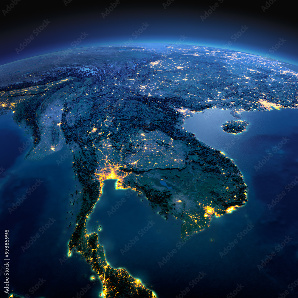 Naklejka premium Detailed Earth. Indochina peninsula on a moonlit night