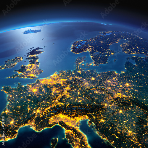 Detailed Earth. Central Europe on a moonlit night