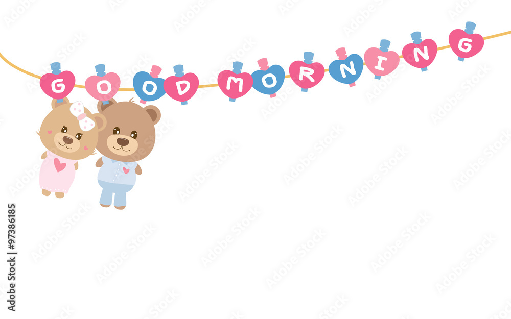 Good morning. Couple teddy bear on clothes line. Good morning. Couple teddy bear on clothes line.