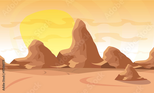 Vector illustration. Desert landscape with a chain of high mountains on the horizon