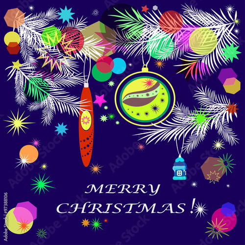 Merry Christmas card.Merry Christmas  card,dark blue background,white fir branches,toys,confetti and twinkling stars