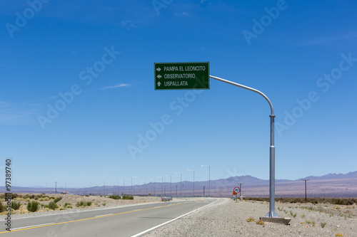 Directional road sign to Pampa El Leoncito on ruta 40, Argentina