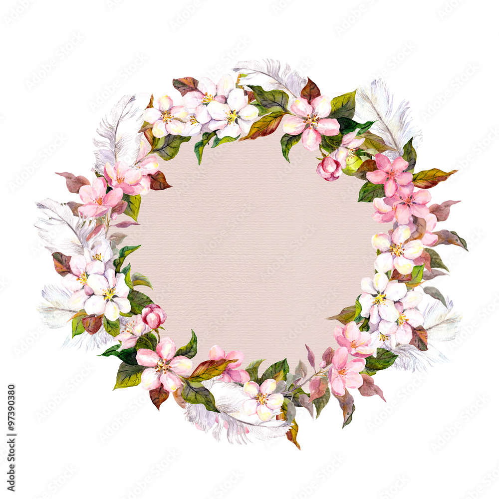 Ditsy border wreath with sakura flowers (cherry, apple flower blossom). Watercolour