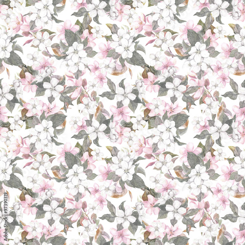 Seamless repeated floral pattern - pink cherry (sakura) and apple flowers. Watercolor 