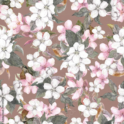 Seamless repeated floral pattern - pink cherry (sakura) and apple flowers. Watercolor 