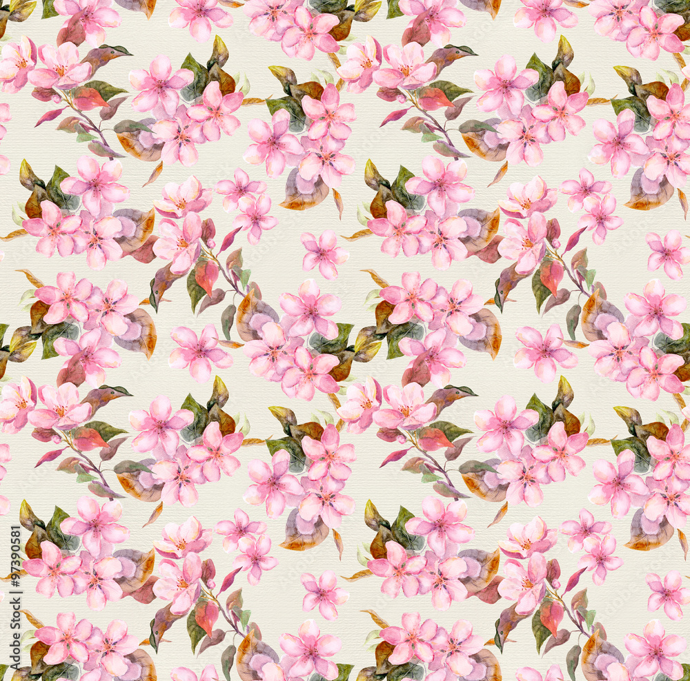 Retro pink apple and cherry flowers in blossom. Seamless floral wallpaper. Vintage watercolor on paper background 