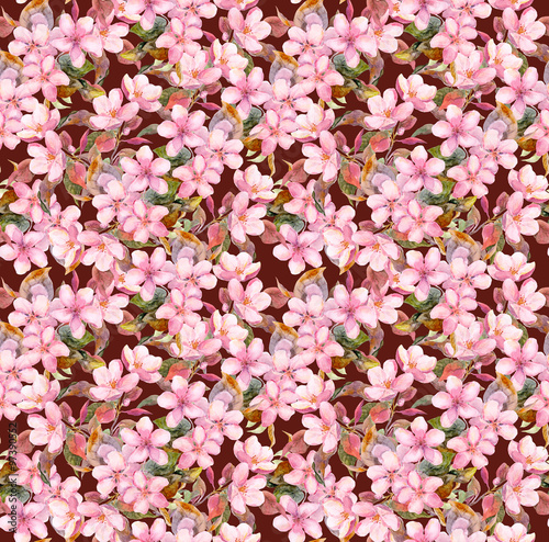 Fruit tree (apple or cherry sakura) pink flowers. Seamless floral template. Watercolour drawing 