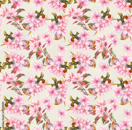 Retro pink apple and cherry flowers in blossom. Seamless floral wallpaper. Vintage watercolor on paper background 