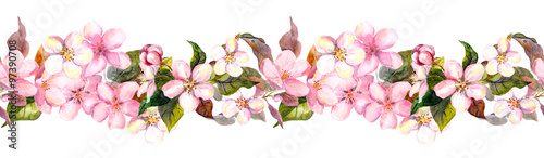 Fototapeta Bezszwowe powtórzyć kwiatowy granicy - różowy wiśni (sakura) i kwiaty jabłko. Akwarela